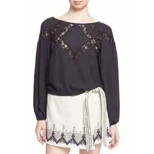 Free People Women Boho Geometry Lessons Top S Black Lace Pleated Balloon Sleeve